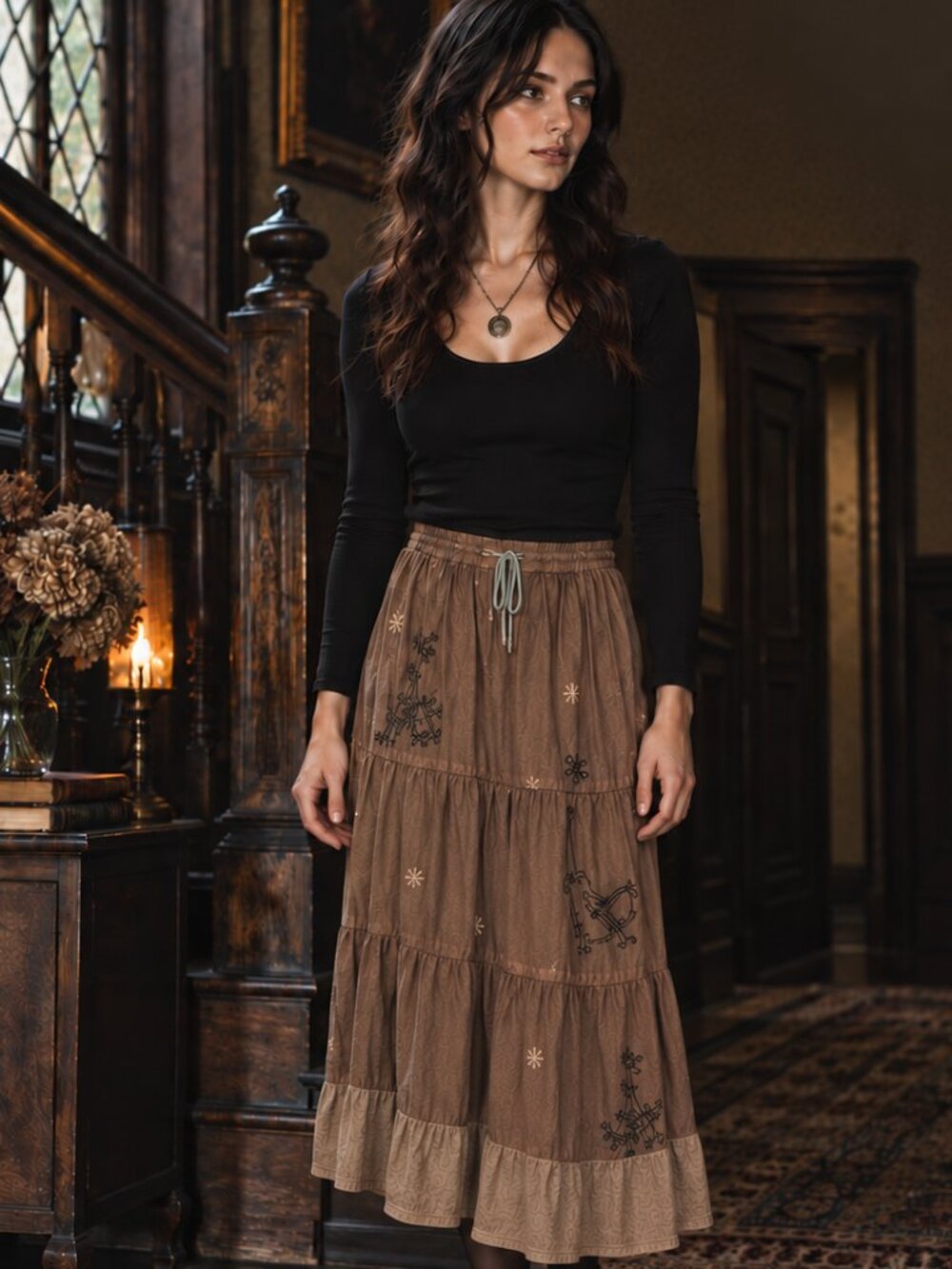 Vintage 90s Brown Handmade Embroidered Tiered Maxi Skirt Small Vintage Boho